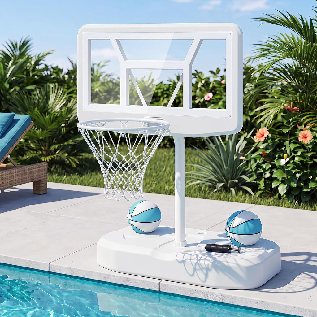 Pool Basketball Hoop w/42'' PC Backboard, 2 Balls, Pump | Shatterproof Outdoor Swimming Poolside Basketball Goal
