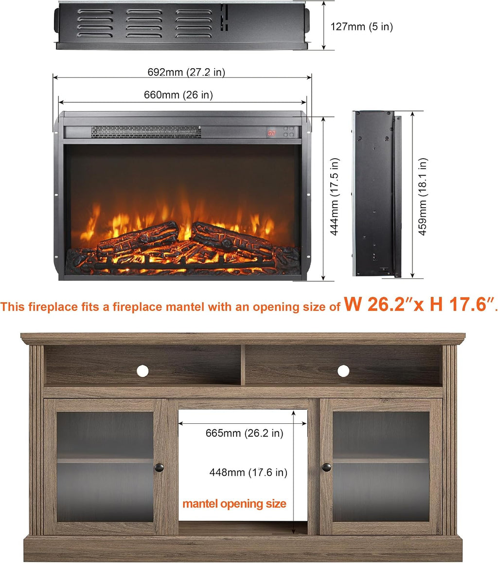 26 Inch Electric Fireplace Insert with Remote Control, Ultra Thin Heater with Realistic Flame and Log Set, Timer