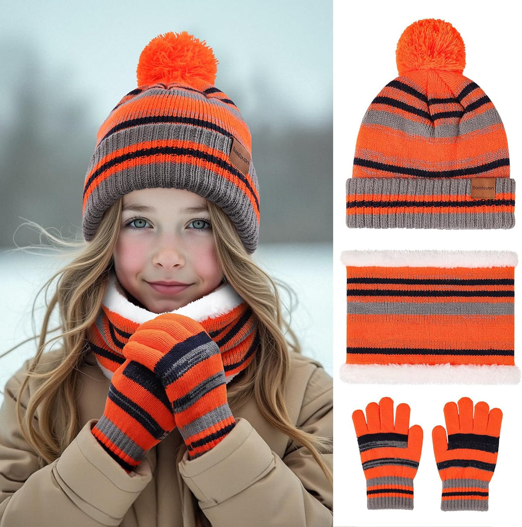 Kids Winter Hat Gloves Scarf Set: Girls Boys Beanie Fleece Lined Ages 6-10 | Kids Beanie Hats Gloves Neck Warmer Knit