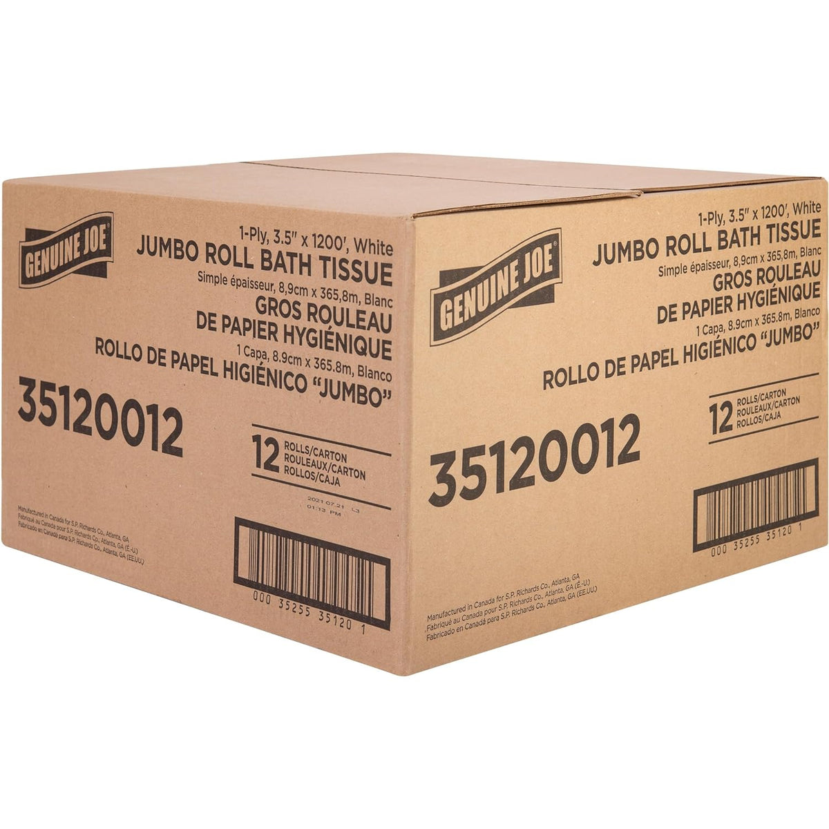 Jumbo Roll Bath Tissue, 1-Ply, 3.63" x 1200', White, 12 Count