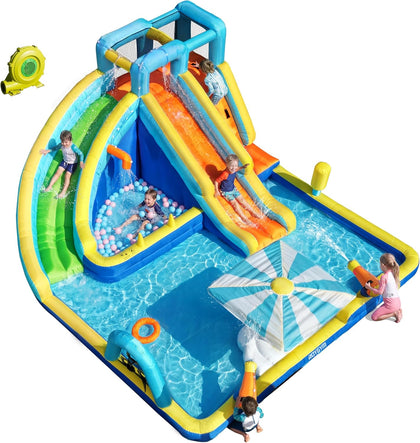 Inflatable Water Park for Kids, 16.4 ft × 14.1 ft Large Backyard Water Slides with Dual Slides, Dual Water Guns &