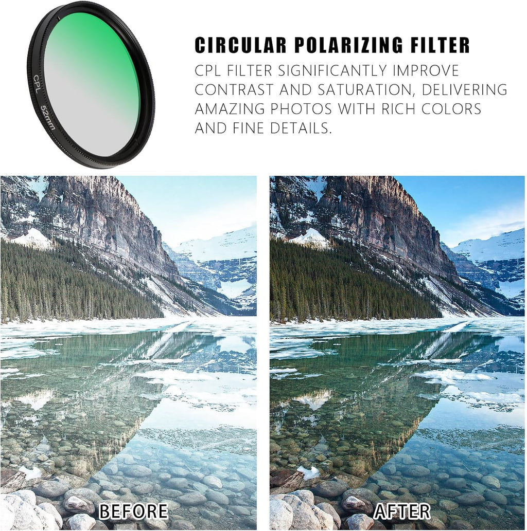 52MM Circular Polarizer Filter, Ultra Slim Multi-Coated CPL Lens Filter, Clip-on Phone Camera Filter Kit, Compatible
