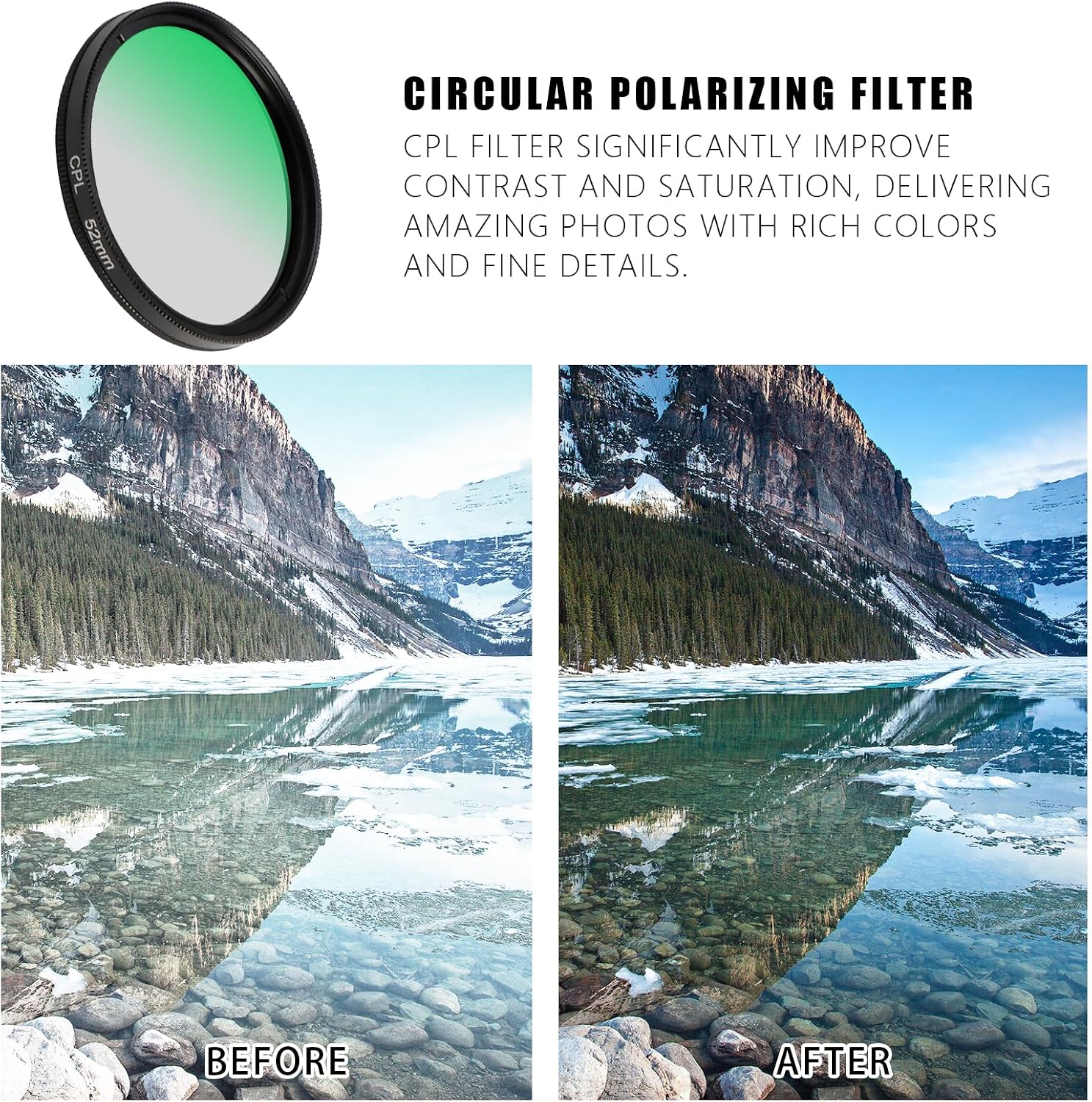 52MM Circular Polarizer Filter, Ultra Slim Multi-Coated CPL Lens Filter, Clip-on Phone Camera Filter Kit, Compatible
