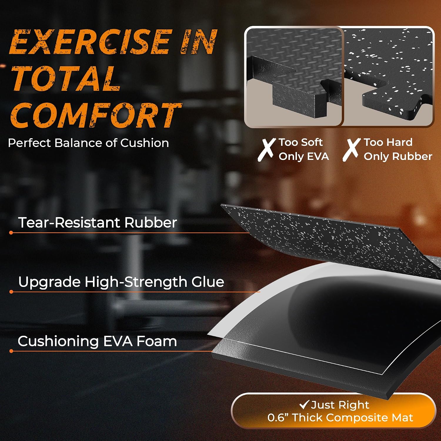 0.6" Thicker Rubber Top Gym Flooring for Home Gym, 24 Pcs 96 Sq Ft Workout Mats, Exercise Mat, Interlocking Rubber
