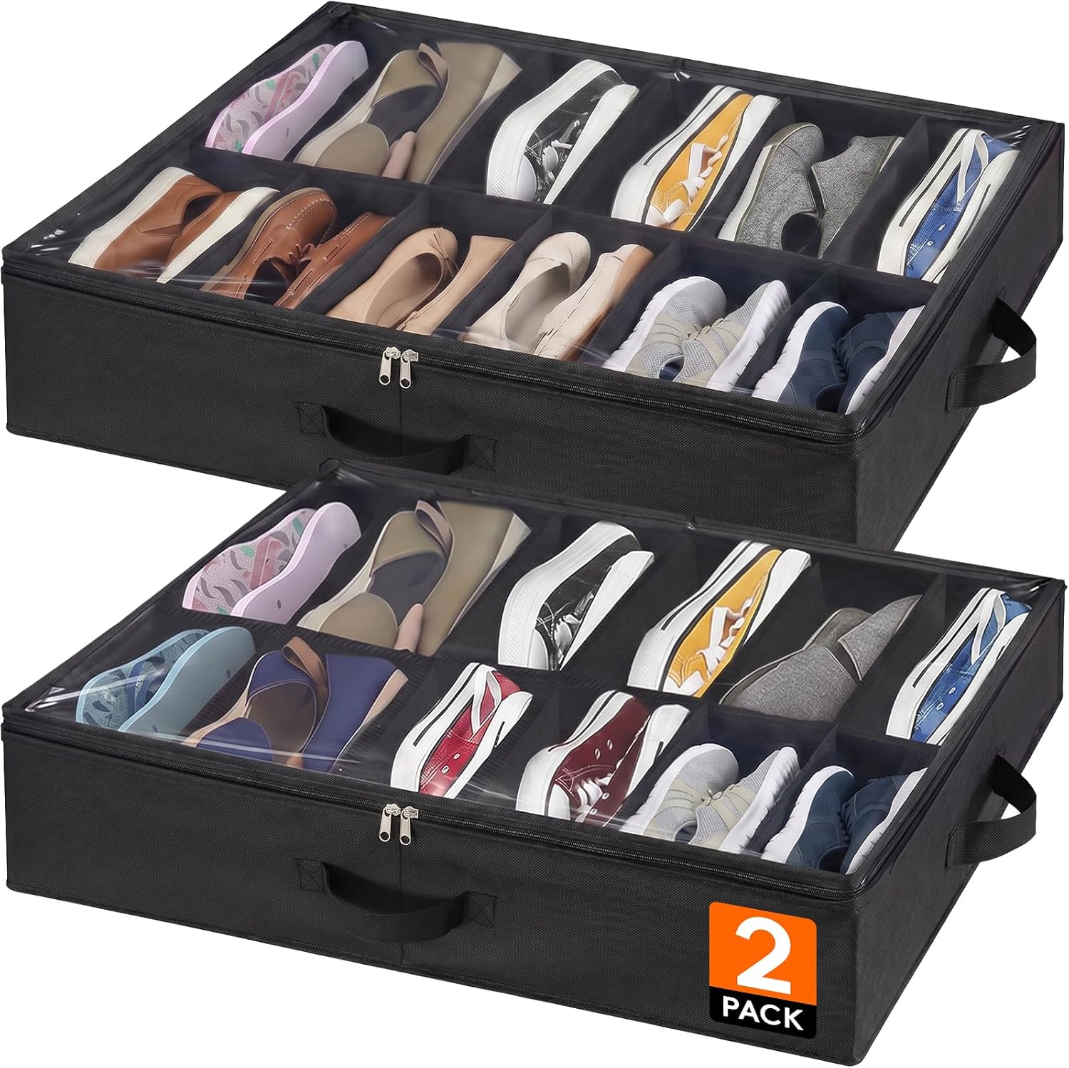 Under Bed Shoe Storage Organizer 2 Pack(12 Shoes Cells), 4.3 Inches Profile Fabric Shoes Container Box with Clear