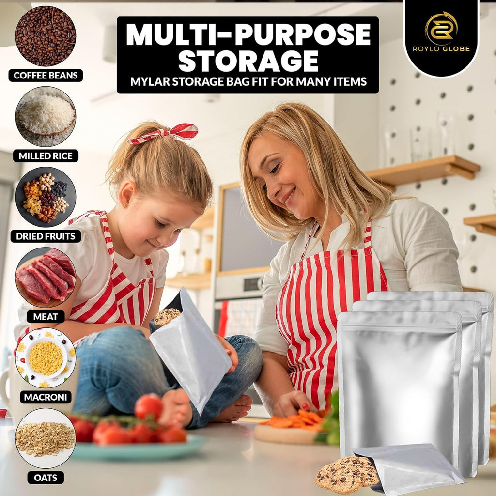 2 Quart Mylar Bags 100pcs with100 x 500cc Oxygen Absorbers-112 Labels | Stand-Up Reusable Airtight Resealable with 5