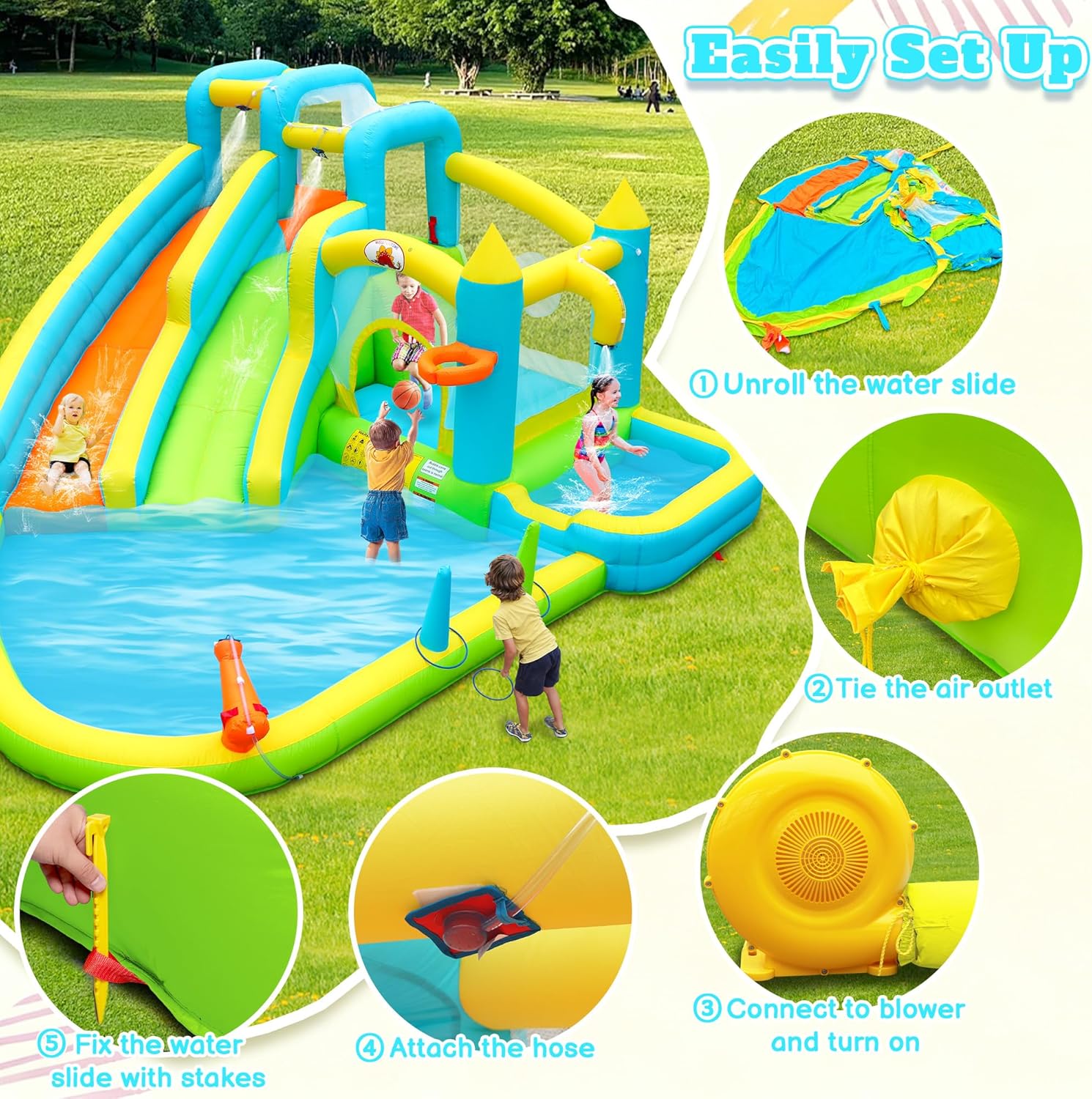Inflatable Water Double Slides with Blower, Jumping Castle with Deep Pool, Bounce House for 5 Kids Aged 3-10, Water