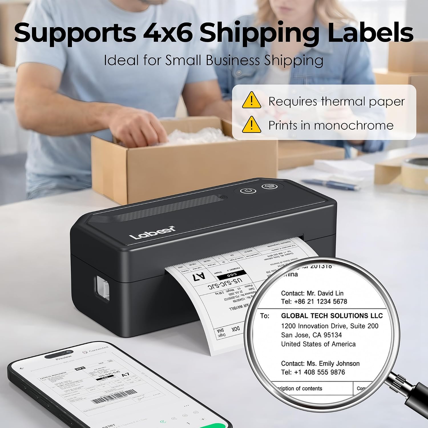 Bluetooth Thermal Shipping Label Printer, Wireless 4x6 Label Printer for Small Business, Compatible with iPhone
