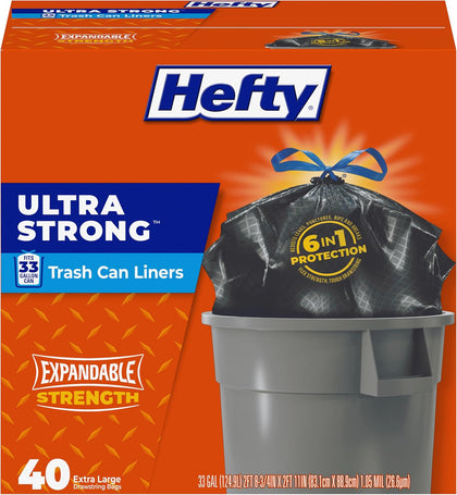 Ultra Strong 33 Gallon Trash Bags, Black, Unscented, 40ct | 33G Extra Large Trash Bags with Drawstrings, Resists
