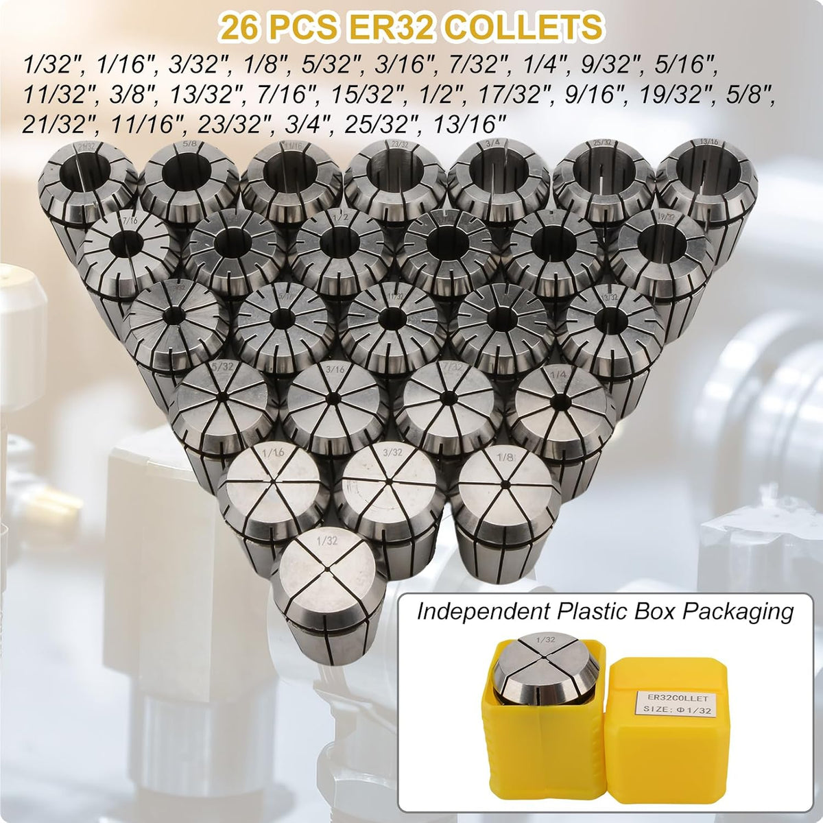 26 Pcs ER32 Spring Collet Set, 1/32-13/16" Size Shank Chuck, CNC