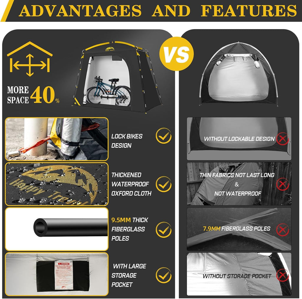 Bike Storage Shed Tent, Waterproof Portable Bicycle Cover Shed | 40% More Top Space for 2/3/4/5 Bikes,Clips Easy