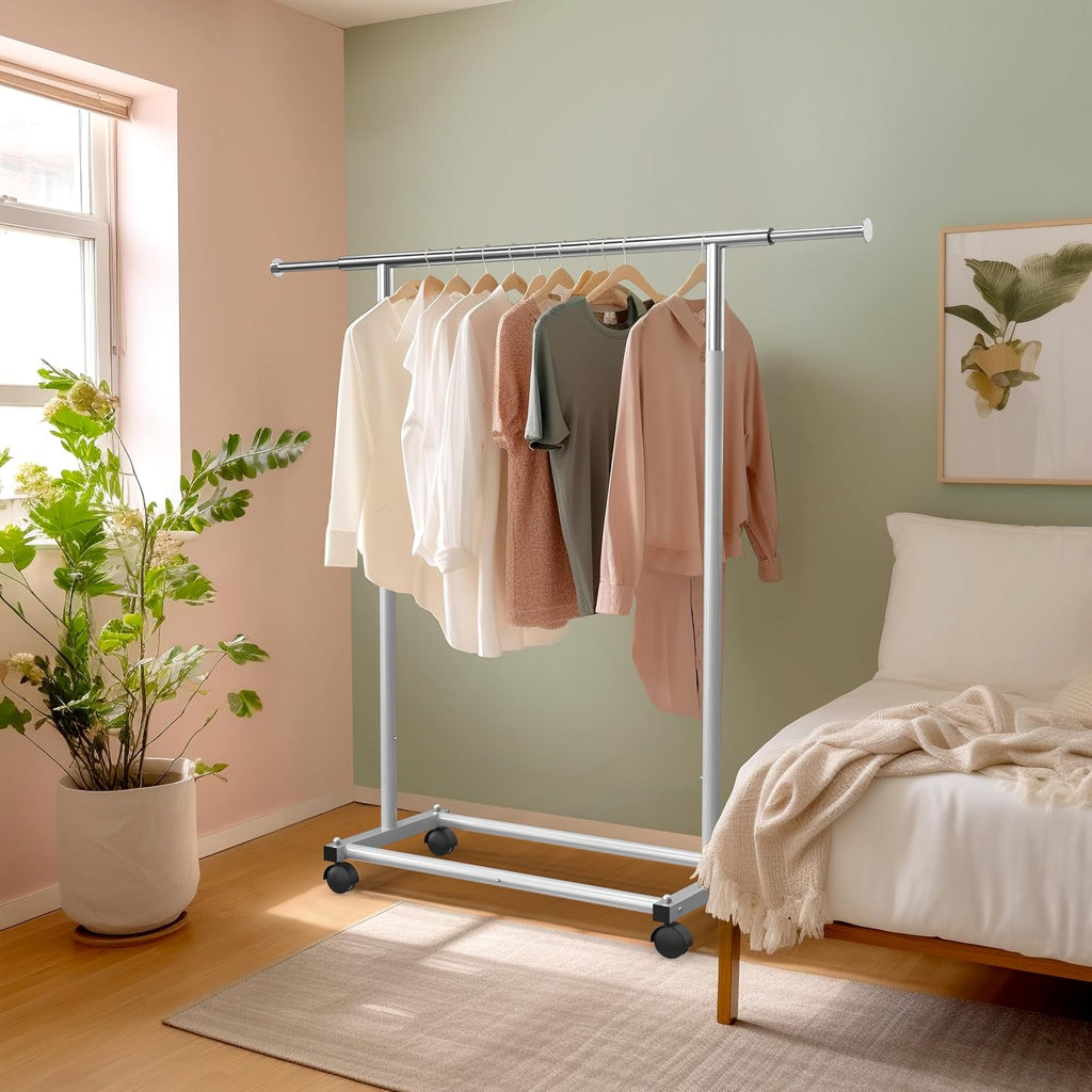 Standard Rod Garment Clothing Rack, Silver | Single Rail, Extendable Width from 30 to 47 Inches, Rolling Clothing