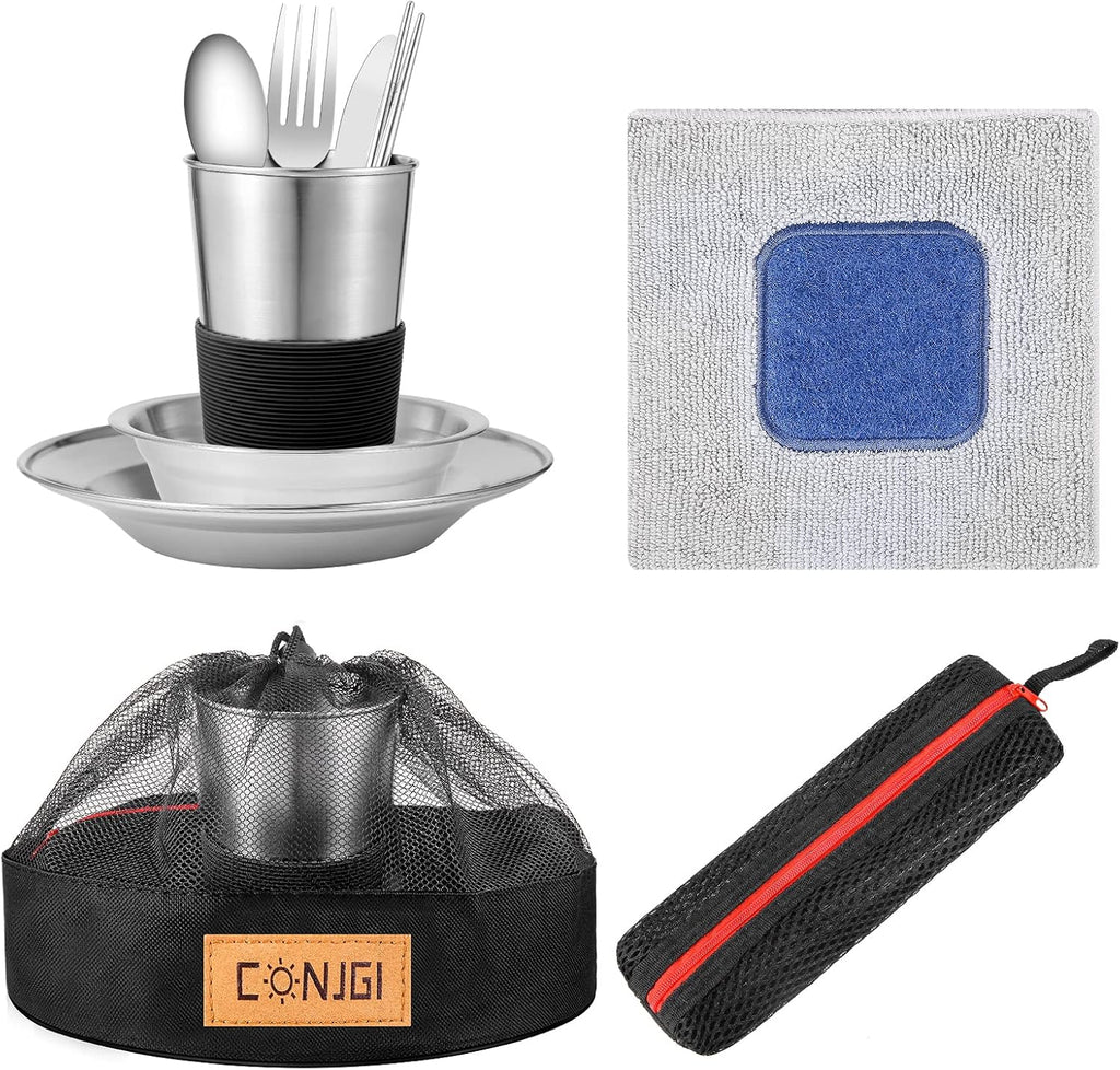 Outdoor Camping Mess Kit - 1 to 2 persons Camping Dishes Includes Cups, Bowls, Dishes, Knives, Forks, Spoons, Etc