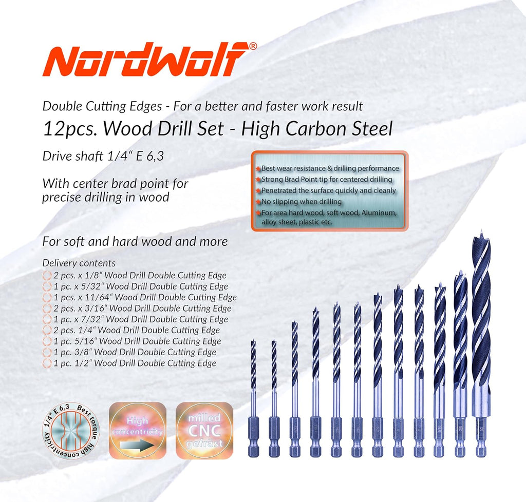 12-Piece Brad Point Wood Drill Bit Set for Carpenter Woodworking, Double Flutes Design with 1/4" Hex Shank, SAE Sizes