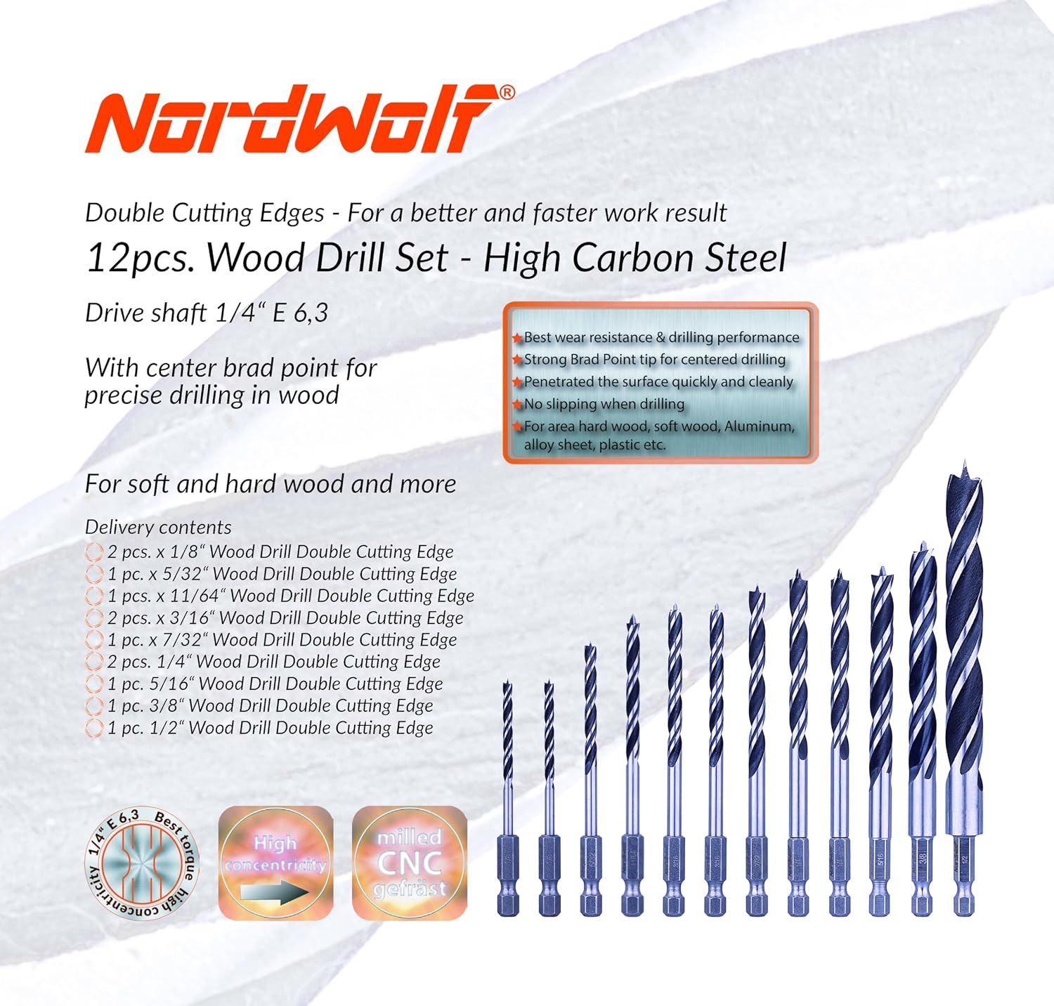12-Piece Brad Point Wood Drill Bit Set for Carpenter Woodworking, Double Flutes Design with 1/4" Hex Shank, SAE Sizes