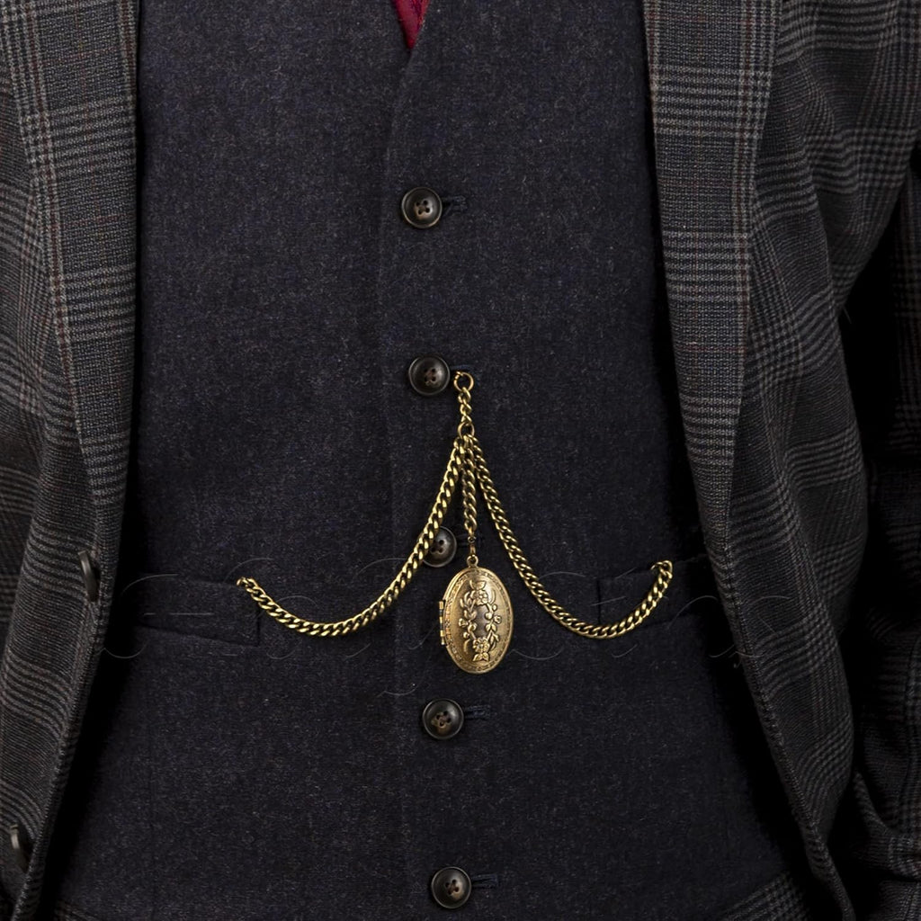 Vintage-Inspired 14" Bronze Pocket Watch Chain with Photo Locket Pendant | Elegant Double Albert T-Bar Design | Men's