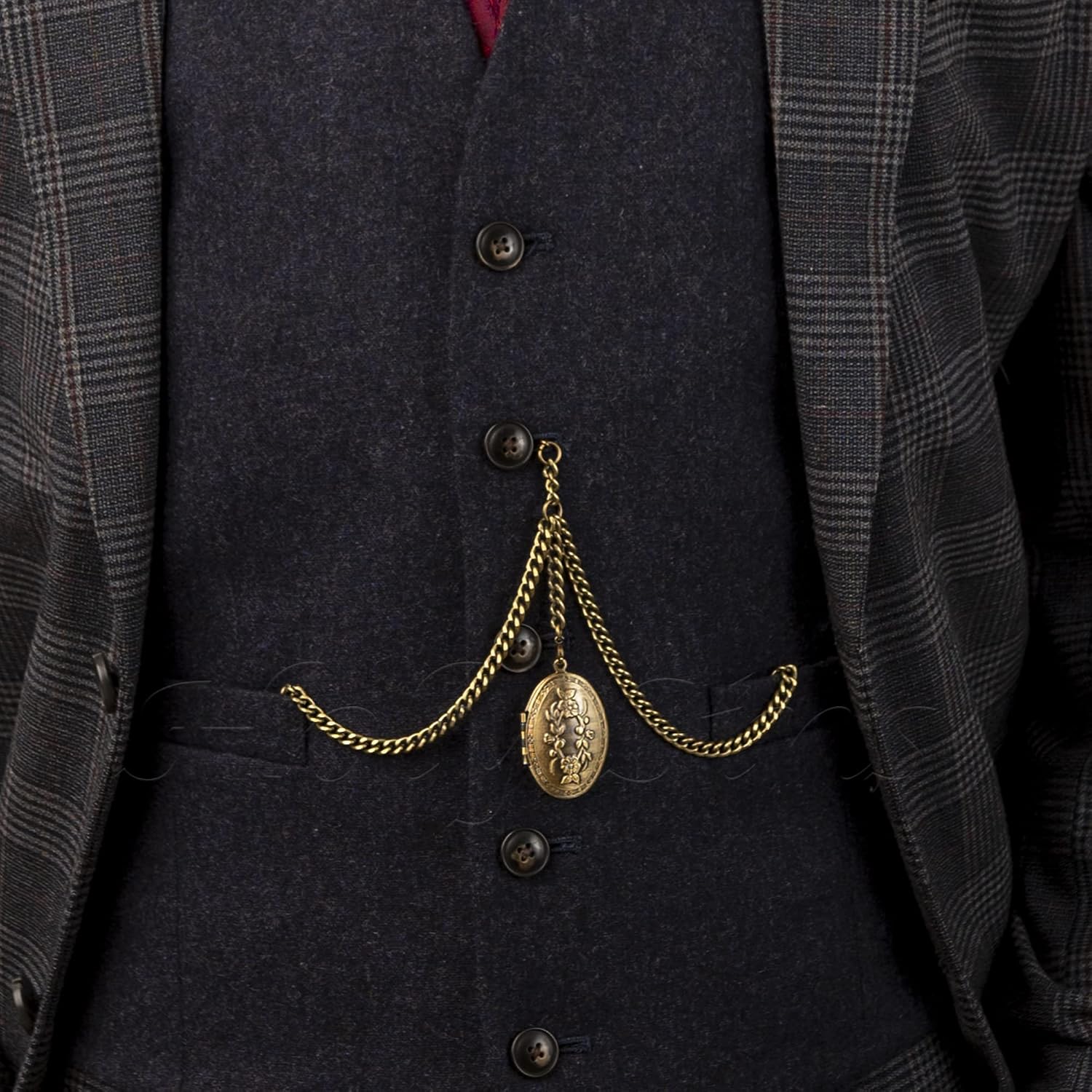 Vintage-Inspired 14" Bronze Pocket Watch Chain with Photo Locket Pendant | Elegant Double Albert T-Bar Design | Men's