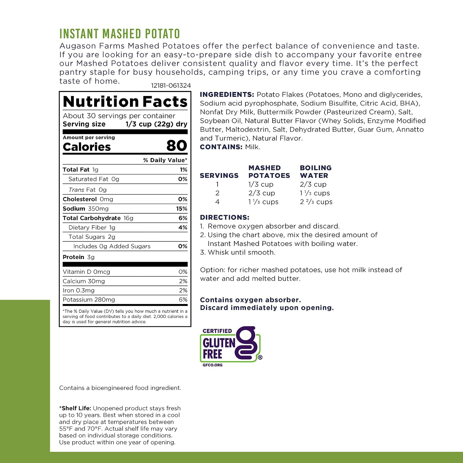 Instant Mashed Potatoes Can | Emergency Food Supply, 30 Servings, 10 Year Shelf Life, Certified Gluten Free Mashed