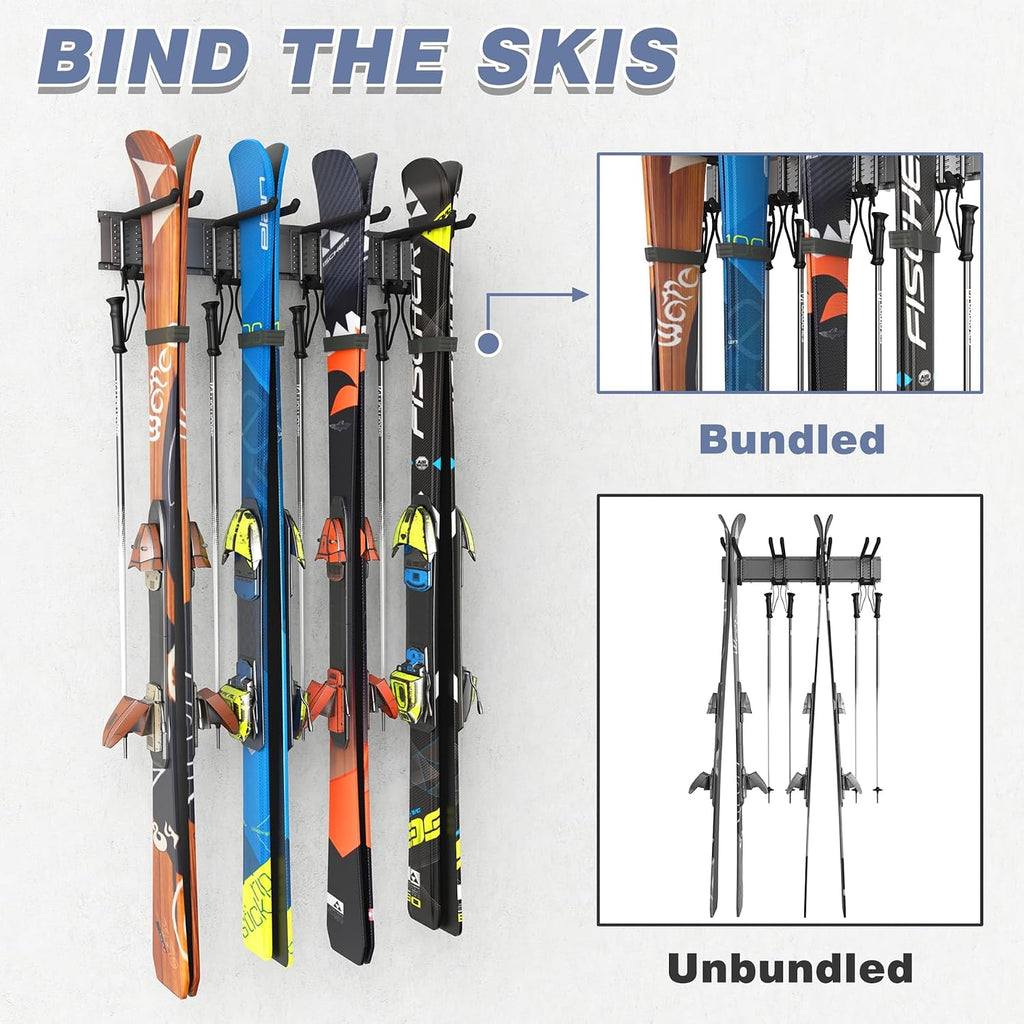 Garage Storage Organization Wall Ski Rack 4 Pairs of Skis | Wall Mount Ski Hanger for Garage, Home, Snowboard Wall