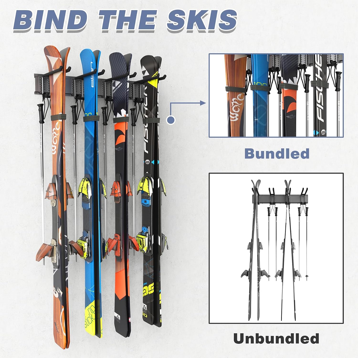 Garage Storage Organization Wall Ski Rack 4 Pairs of Skis | Wall Mount Ski Hanger for Garage, Home, Snowboard Wall