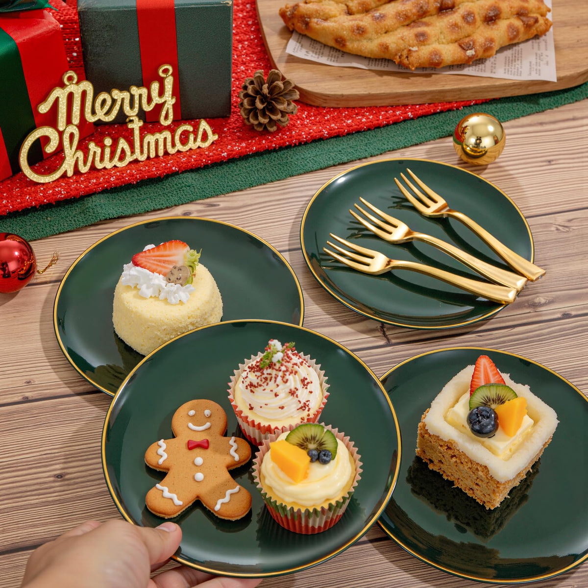 200Pcs Green Dessert Plates 6.3" with Plastic Forks 5"- Small Disposable Plates- Dessert/Cake/Appetizer Plastic