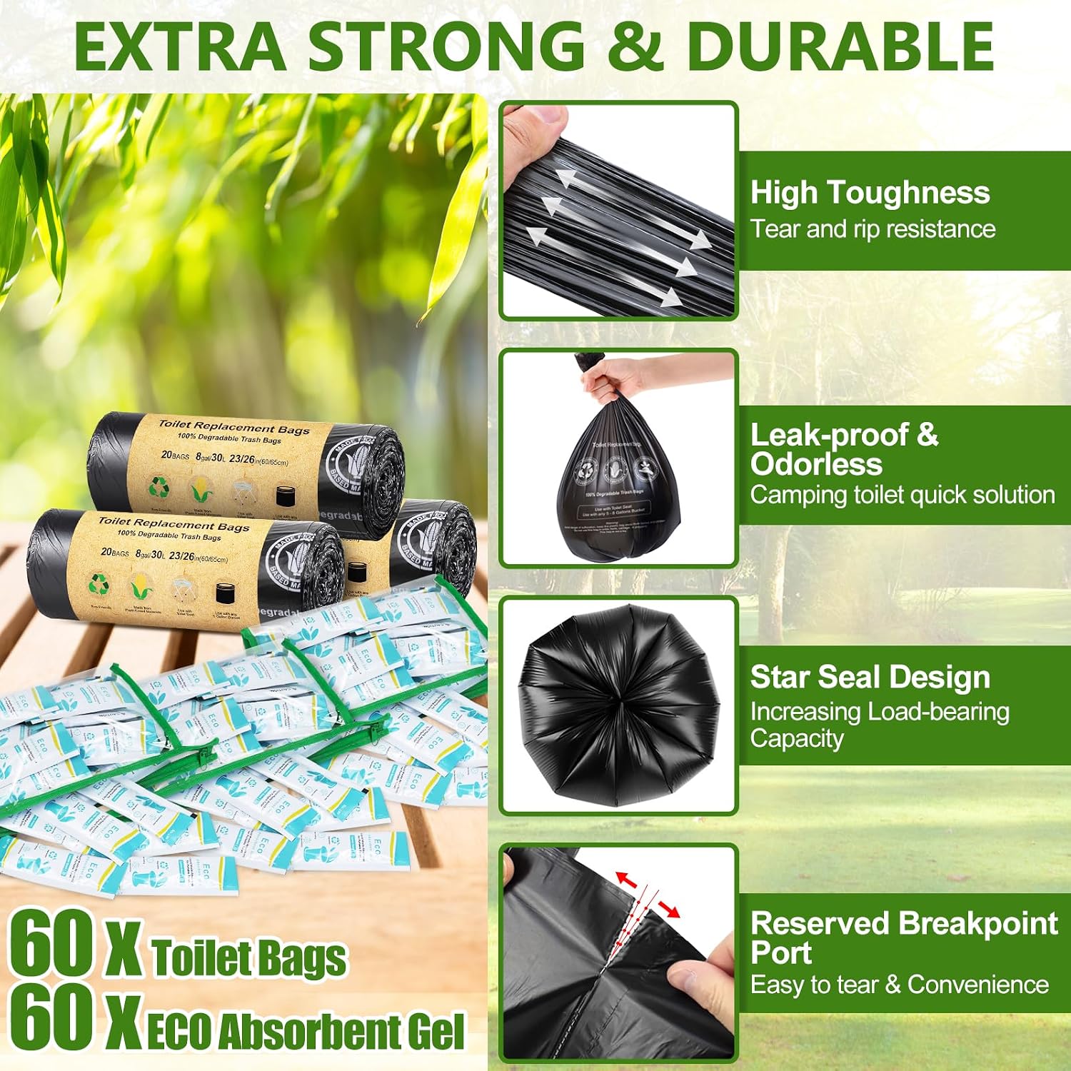 Camping Toilet Bags Absorbent Gel Set, Portable Toilet Bags with Gel, 8 Gallon, 30 Liter, Heavy Duty 1 Mil, Toilet