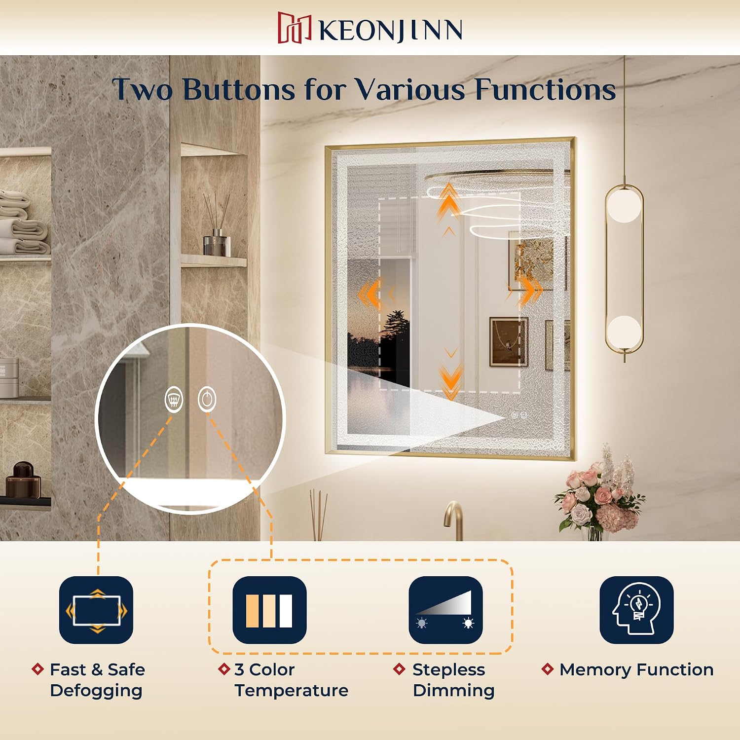 24x30 Inch Gold LED Bathroom Mirror with Light, Frontlit & Backlit | Beveled Edge, Lighted Bathroom Mirror, HD