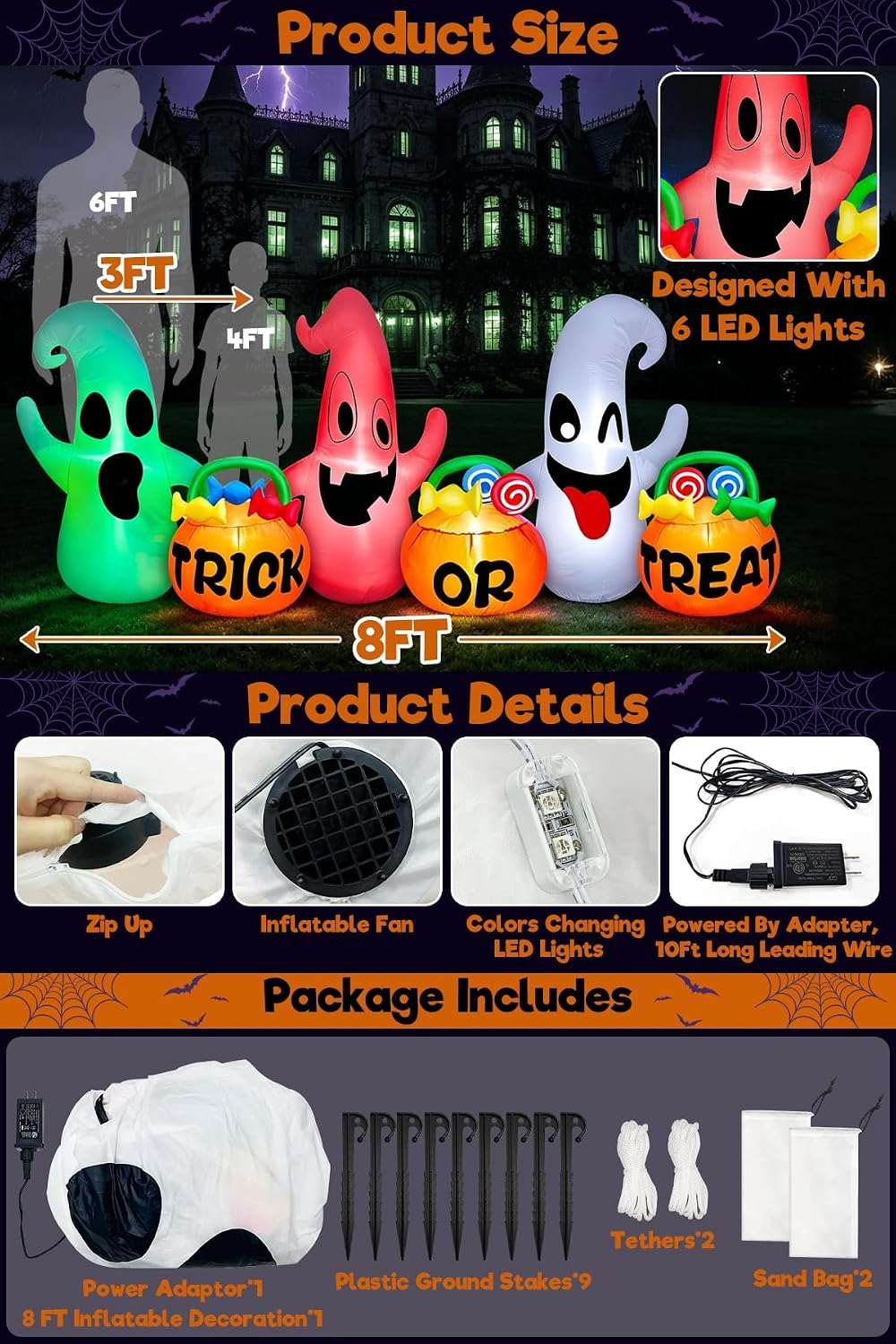 8 Ft Long Halloween Inflatables Three Ghosts with Pumpkin Candy Bags with 3 Colors Light Halloween Decorations