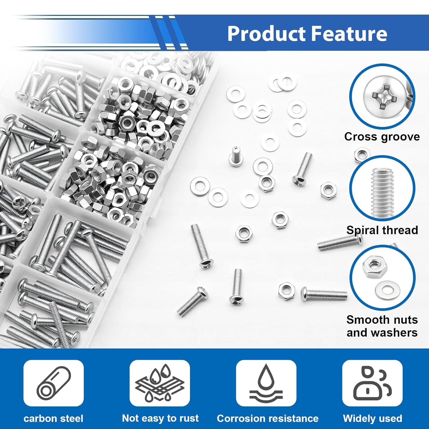 516Pcs Nuts and Bolts Assortment Kit 21-Sizes M3/M4/M5/M6 Nut Bolt Washer Assortment Kit for Machinery, Furniture
