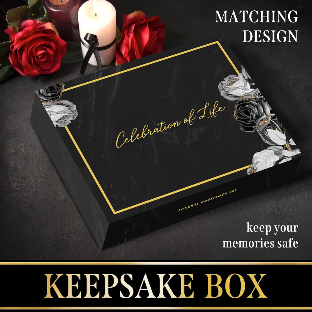 Elegant Black Floral Funeral Guest Book,"Celebration of Life" Gold Stamped Cover with Photo Slot,Includes Silver Pen