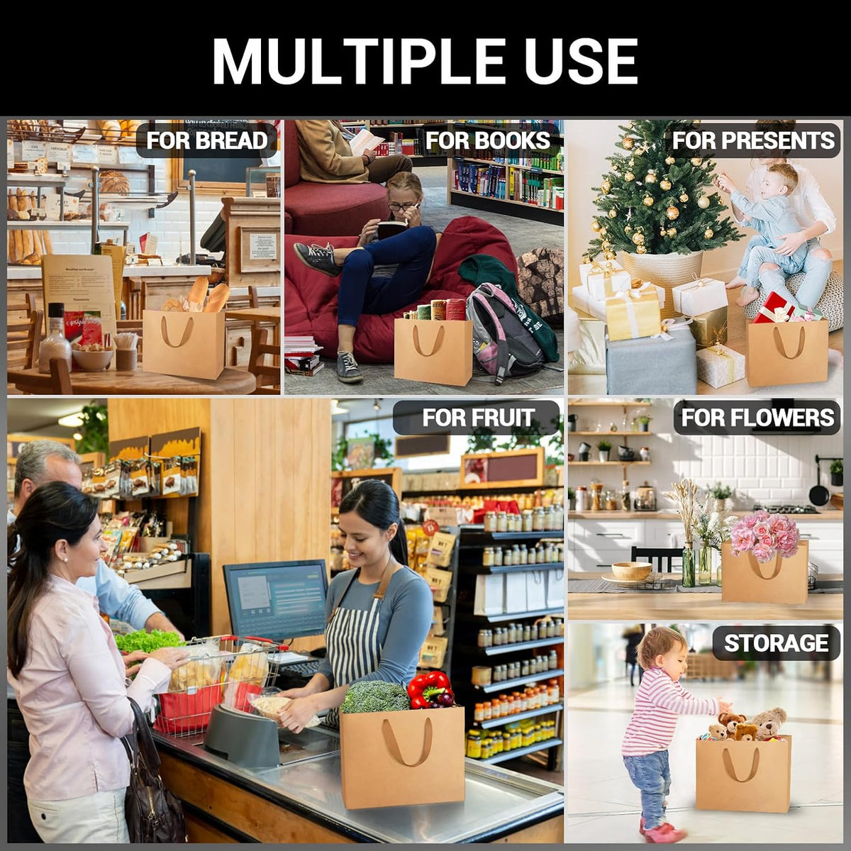 25pcs 8.6" x 3.9" x 7" Brown Kraft Paper Bags with Handles - Kraft Shopping & Party Bags