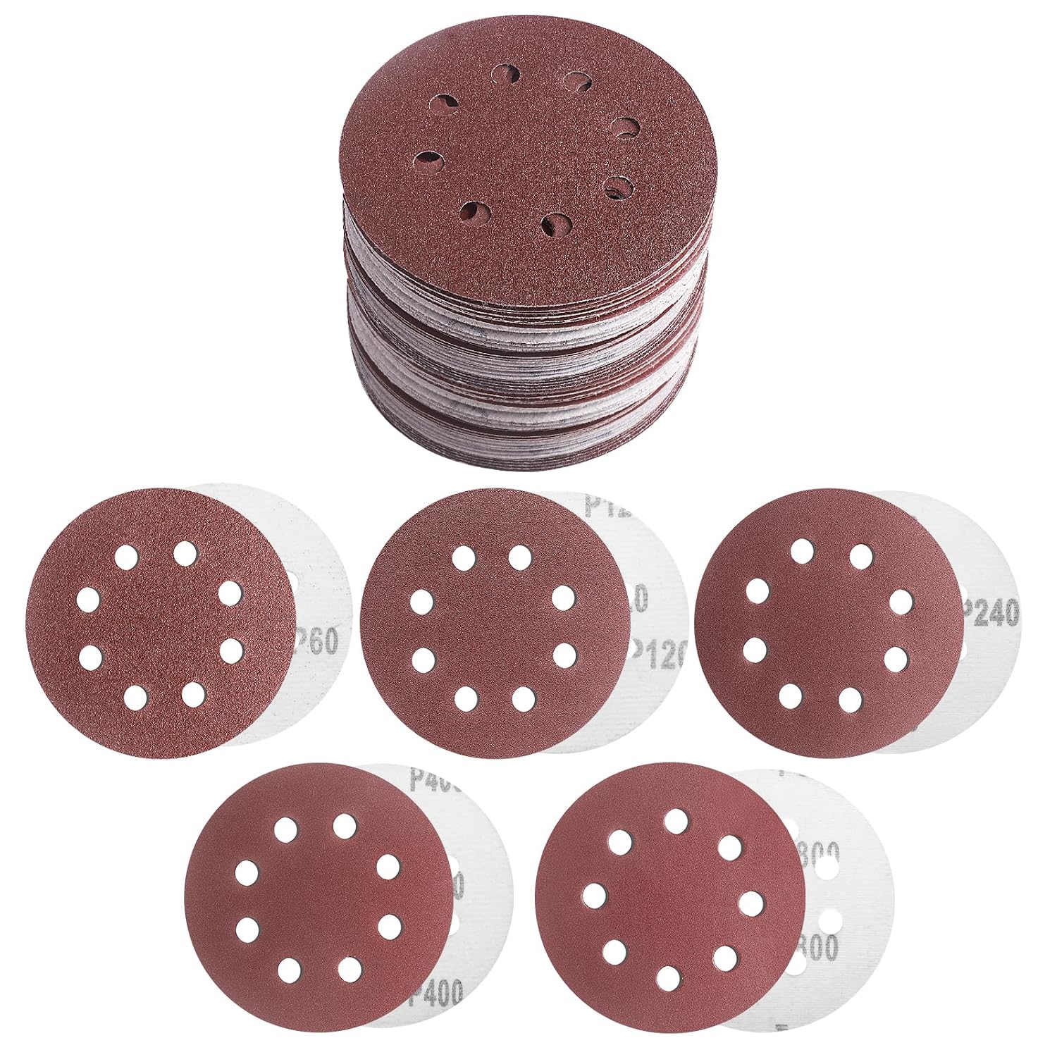 5 Inch 8 Hole Sanding Discs Hook and Loop, 50 PCS Orbital Sander Pads with Adhesive, Dustless Round Sand Paper Disc