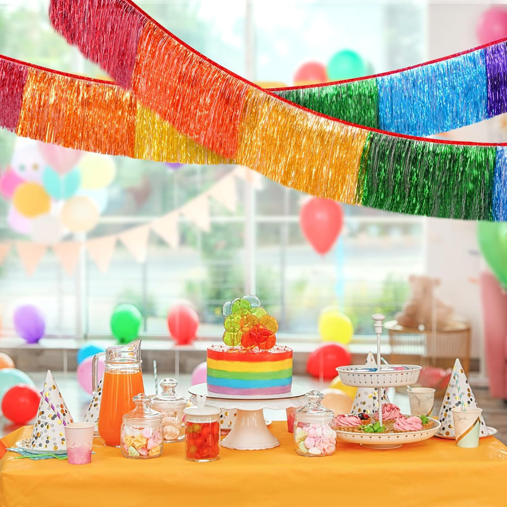 Rainbow Foil Fringe Garland Party Decorations, 12 Feet Rainbow Tinsel Metallic Glitter Banner, Hanging Table Skirts