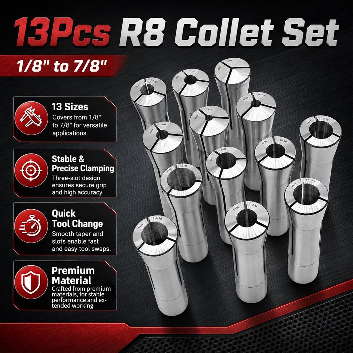 Nakkaa 13Pcs R8 Collet Set 1/8" to 7/8" Compatible with Milling Machines