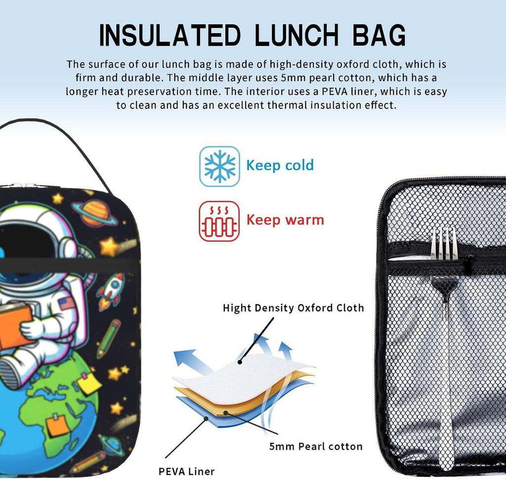 Lunch Bag Kids, Space Astronaut Insulated Lunch Box, Reusable Thermal Cooler Tote for Kids, Back to School