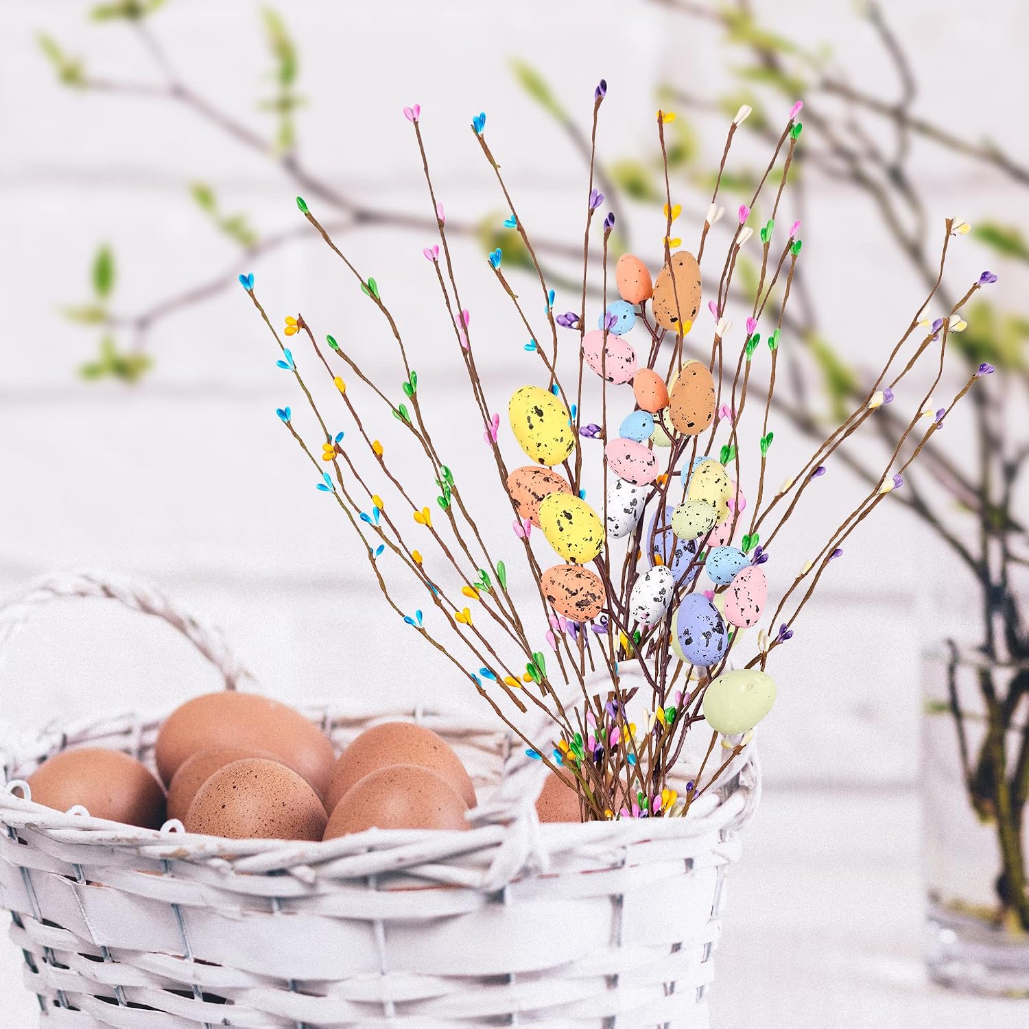 Artificial Easter Spray Vine with Pastel Easter Eggs and Berries- Decorative Spring Floral Stems-Easter Egg Twig