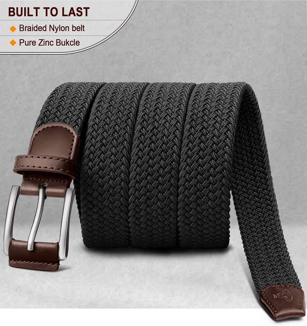 BULLIANT Woven Braided Stretch Web Belt 2Pack for Men 1 3/8"-Gift Boxed