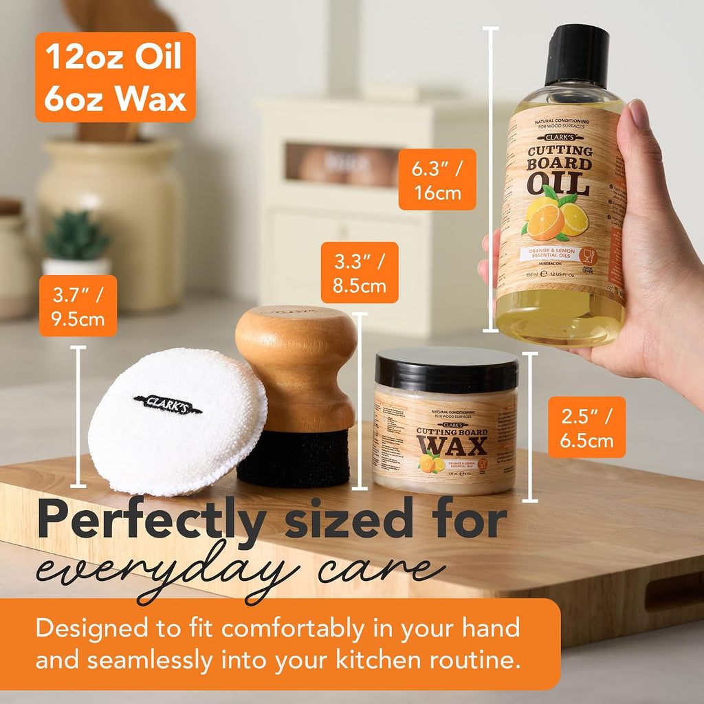 Clark’S Cutting Board Oil and Wax Kit – Includes Food Grade Mineral Oil (12oz), Finishing Wax (6oz), Applicator, &