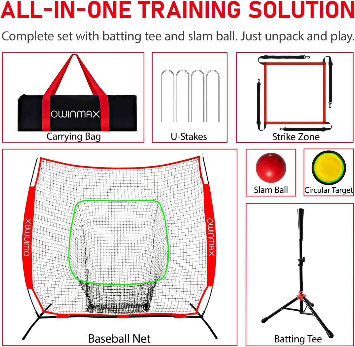 7x7 FT Baseball Net, Baseball & Softball Training net with Batting Tee, Strike Zone & Circular Target and Weighted