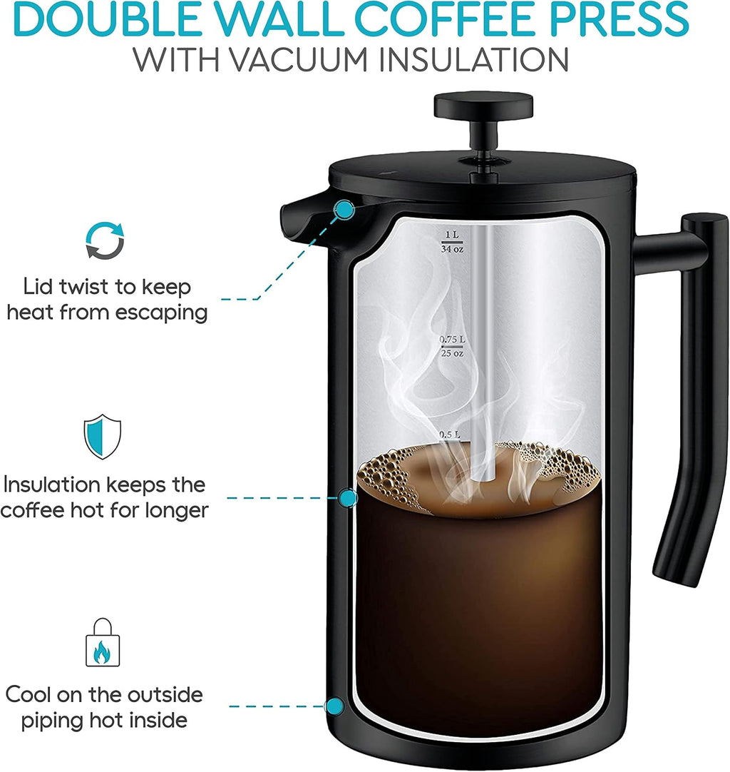 French Press Coffee Maker - 50oz Stainless Steel, Insulated Coffee Press | Large 6 Cup 50oz Capacity, Double Wall