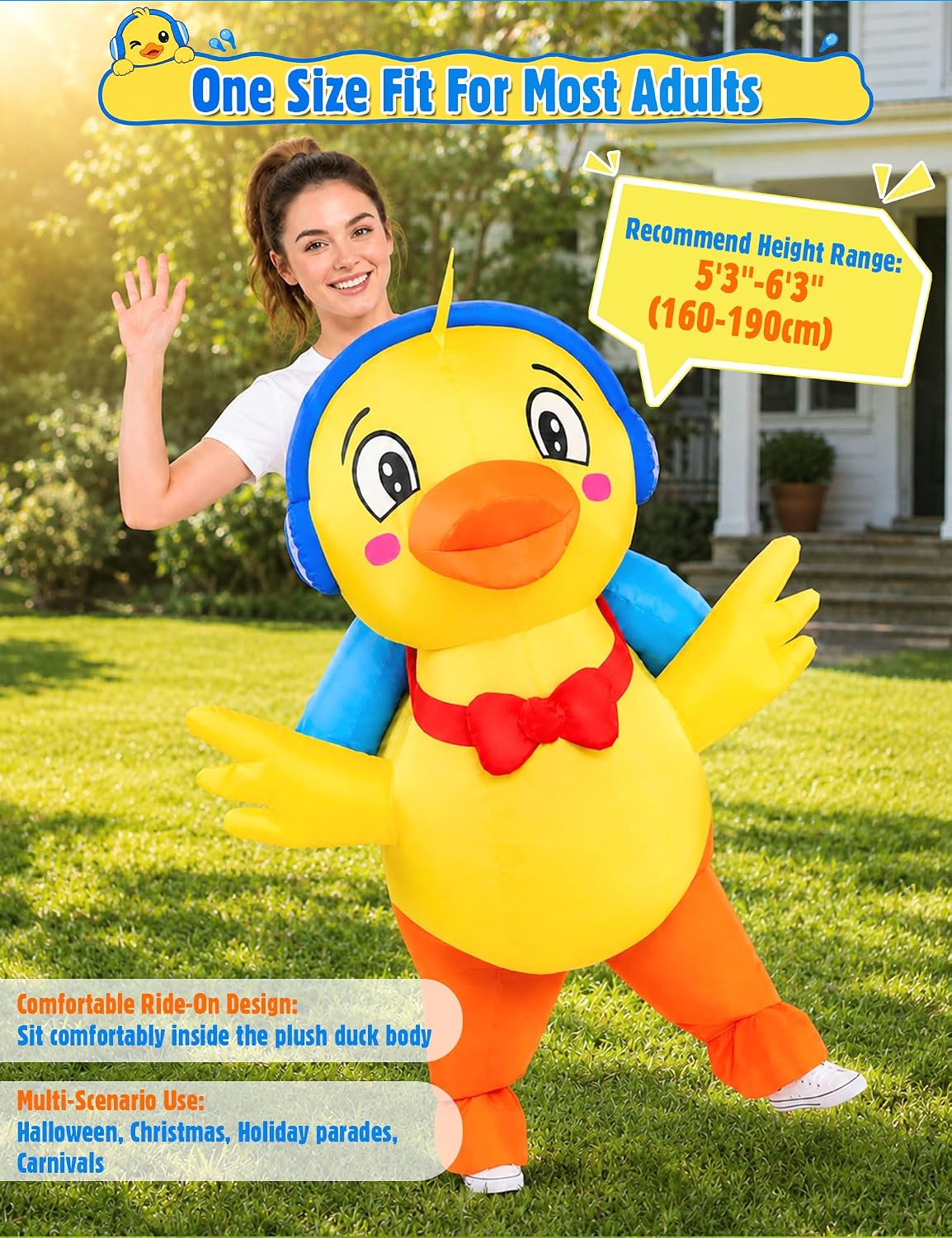 Inflatable Duck Costume for Adult Halloween, Blow Up Ride on Yellow Ducky Costume for Men Women, Funny Animal Outfit