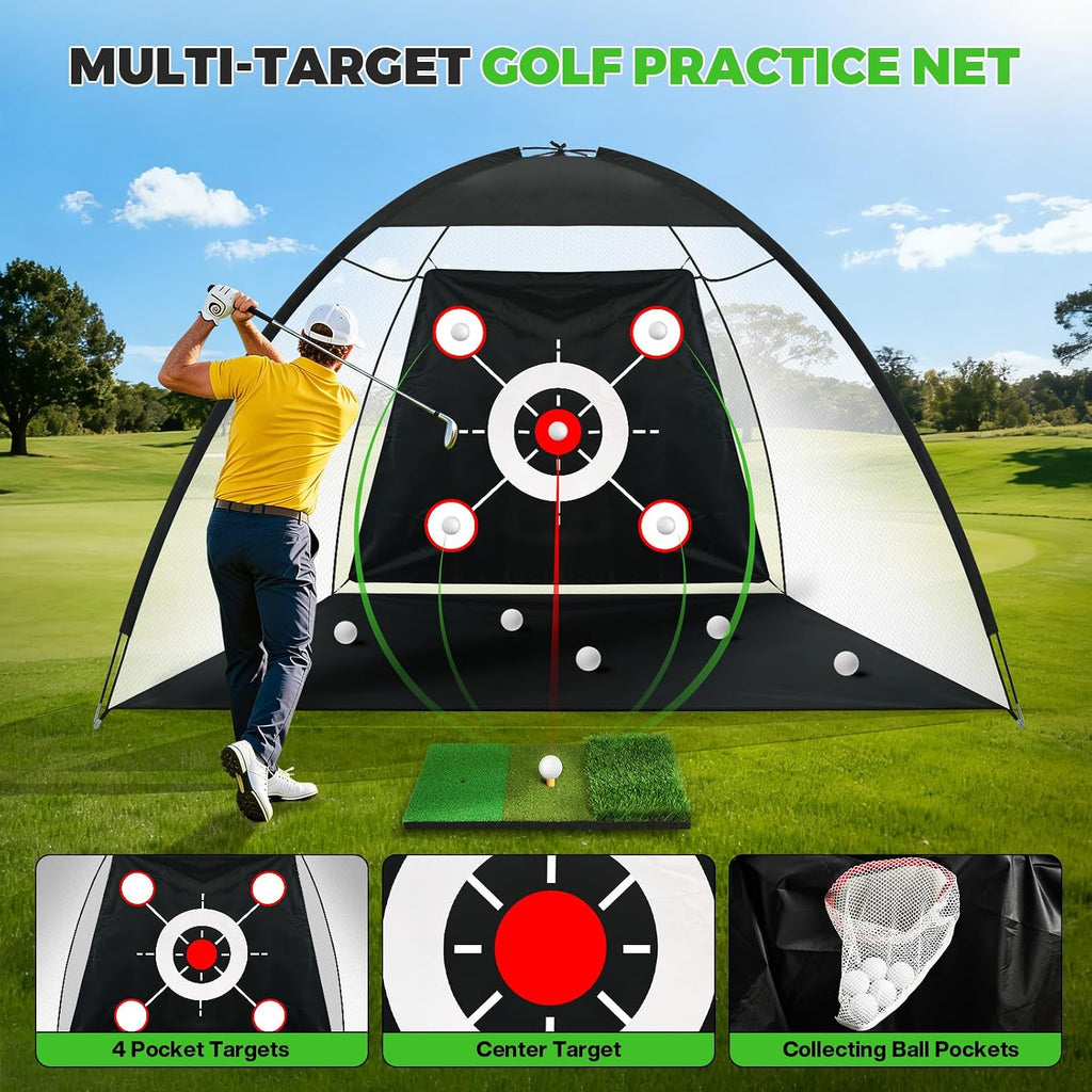 Golf Net 10x7FT All-in-One with Tri-Turf Practice Mat, Ball, Target & Carry Bag, Backyard & Indoor Outdoor Golf