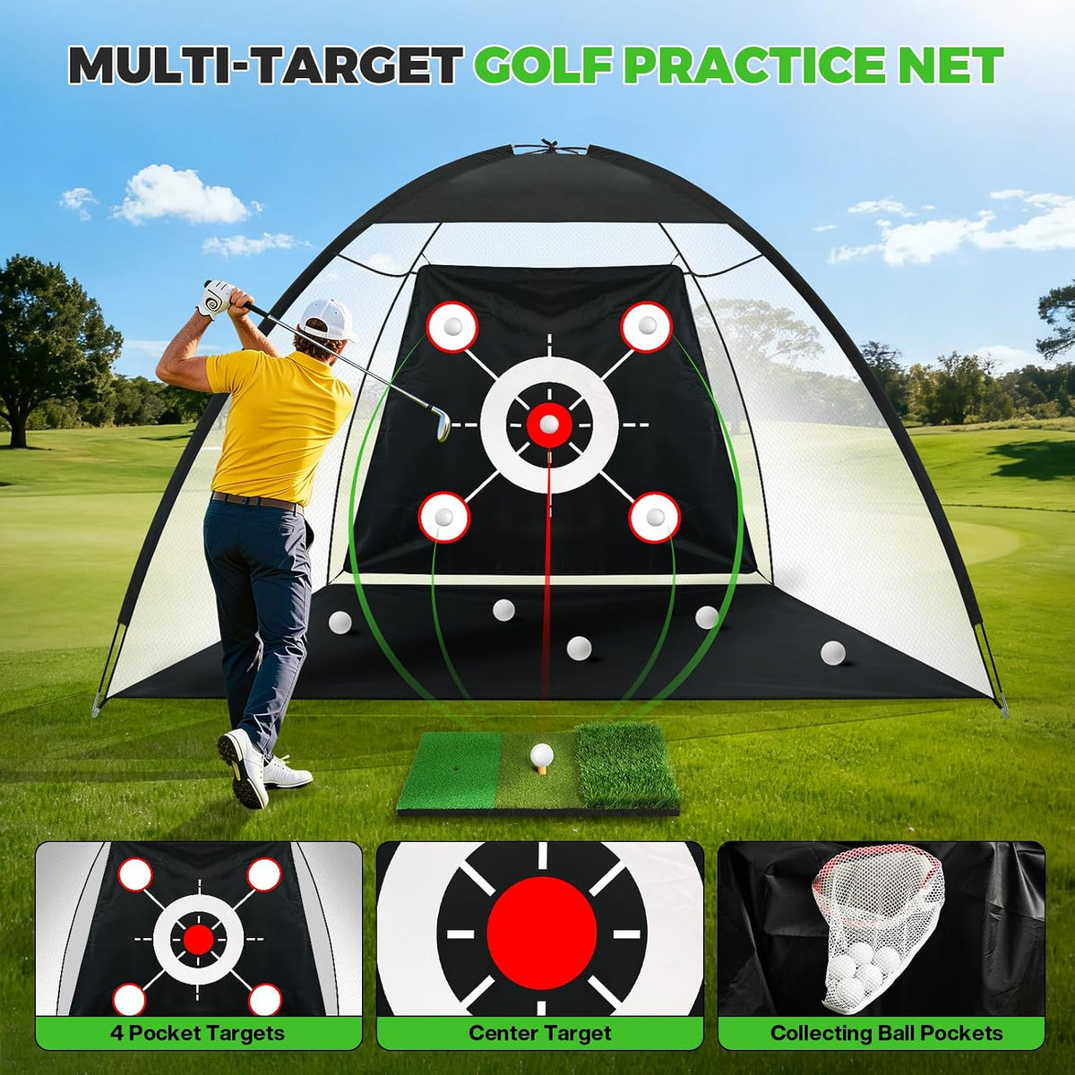 Golf Net 10x7FT All-in-One with Tri-Turf Practice Mat, Ball, Target & Carry Bag, Backyard & Indoor Outdoor Golf