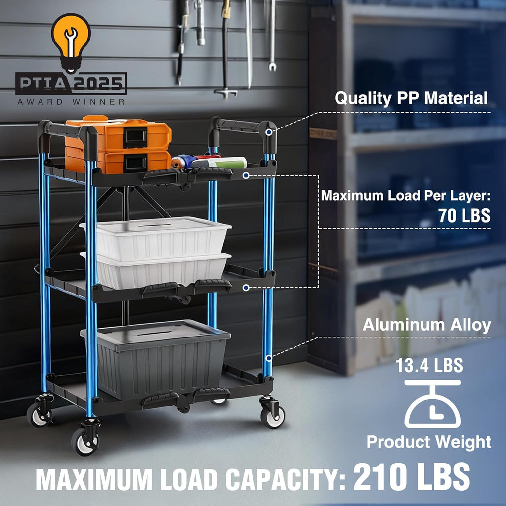 3-Tier Collapsible Utility Cart, 210 LBS Cart with Wheels