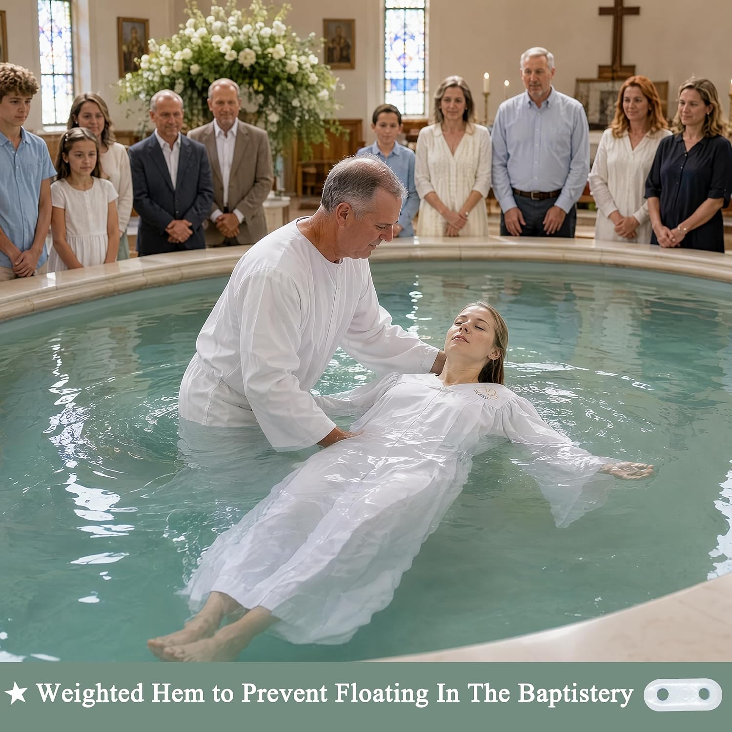 Baptism Robes with Weighted Hem Adults Water Baptismal Gown with Embroidered Dove for Church Officiant White