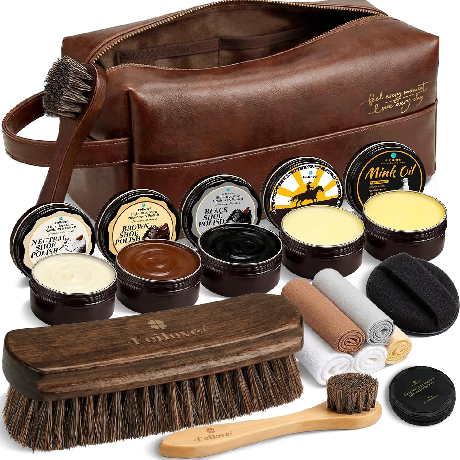 Shoe Care Kit – 16-in-1 Leather Shoe Polish, Cleaning & Conditioning Kit with Saddle Soap & Mink Oil –