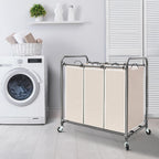 3 Section Laundry Sorter, Laundry Hamper with Wheels, Beige