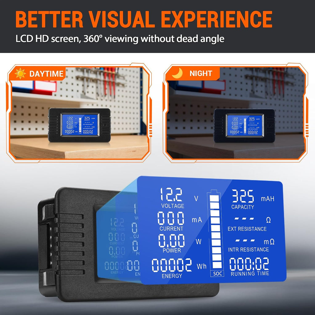 DC Multifunction Battery Monitor Meter, 0-200V 0-100A LCD Display Digital Current Multimeter Voltmeter Ammeter for