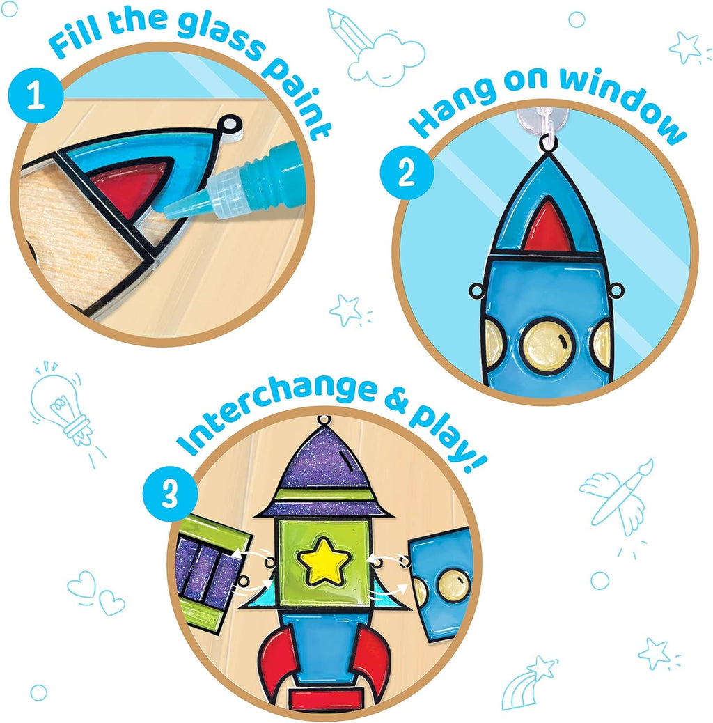 Window Art Rocket | Low Mess Suncatcher Kit | 16 Pieces Glass Painting Set | Kids Activities Ages 5-8 | DIY Craft Kit