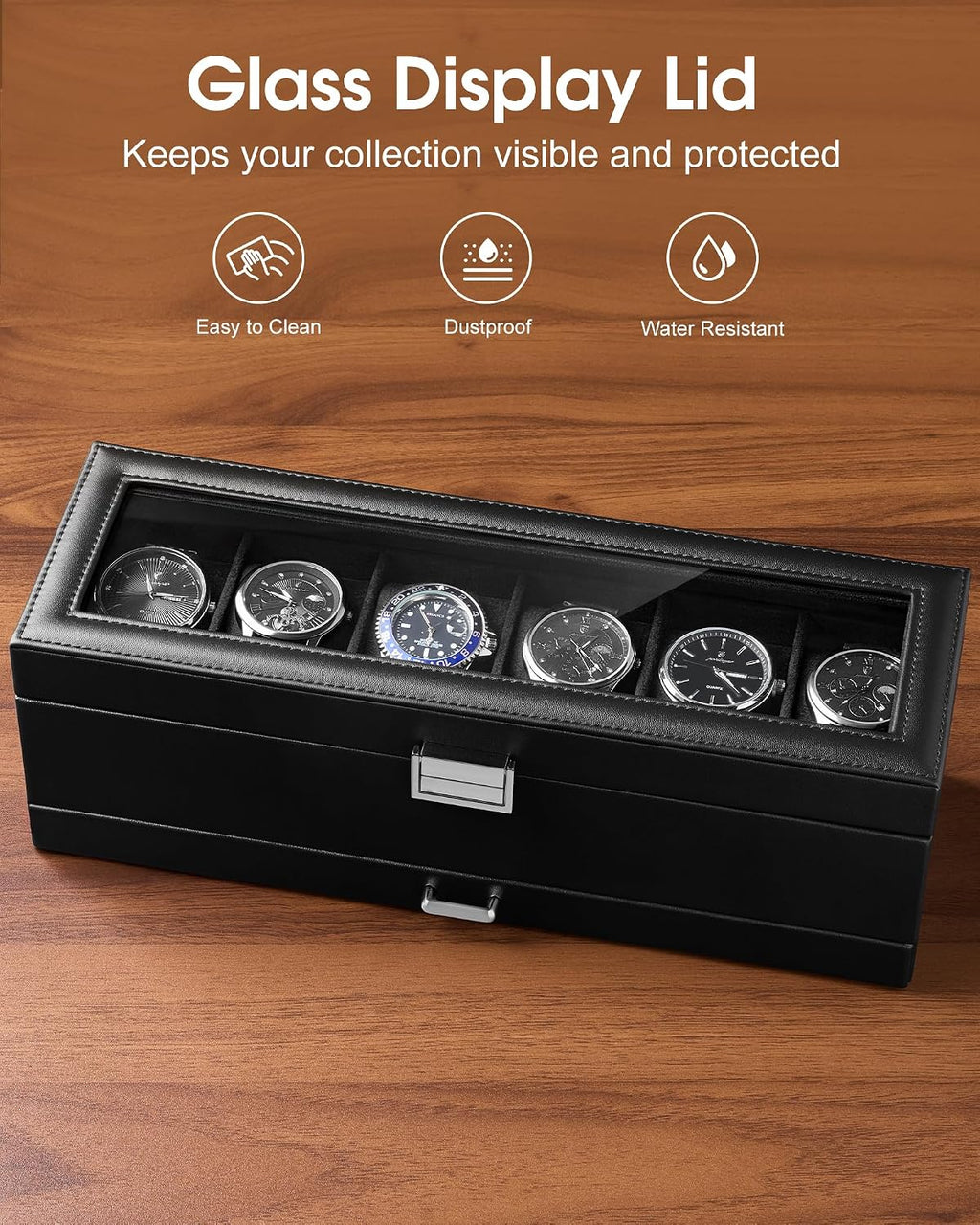 6-Slot Watch Case for Men, Mens Jewelry Box with Glass Lid -Black | Watch & Jewelry Box with Drawer, Easy-Clean PU